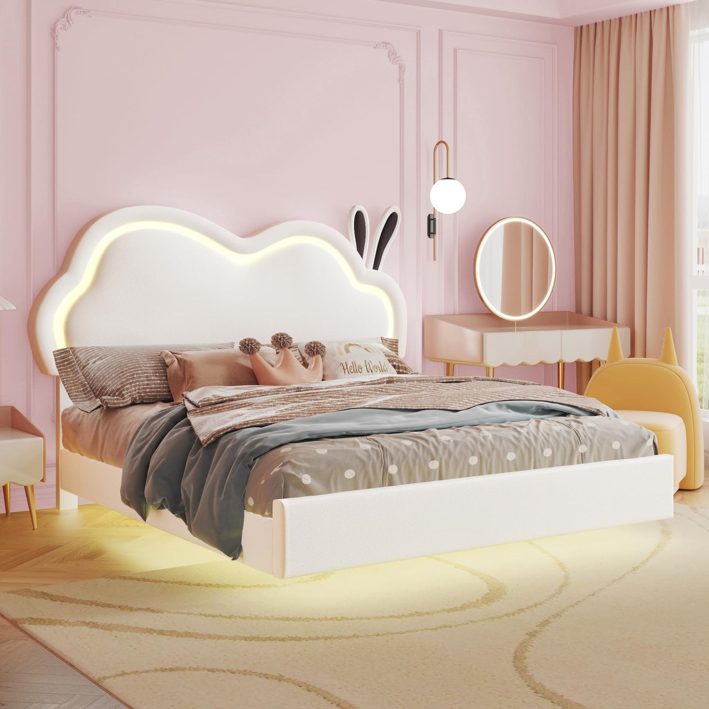 Jocisland White LED Upholstered Full Bed Frame with Cloud Headboard for Girls - WoodArtSupply