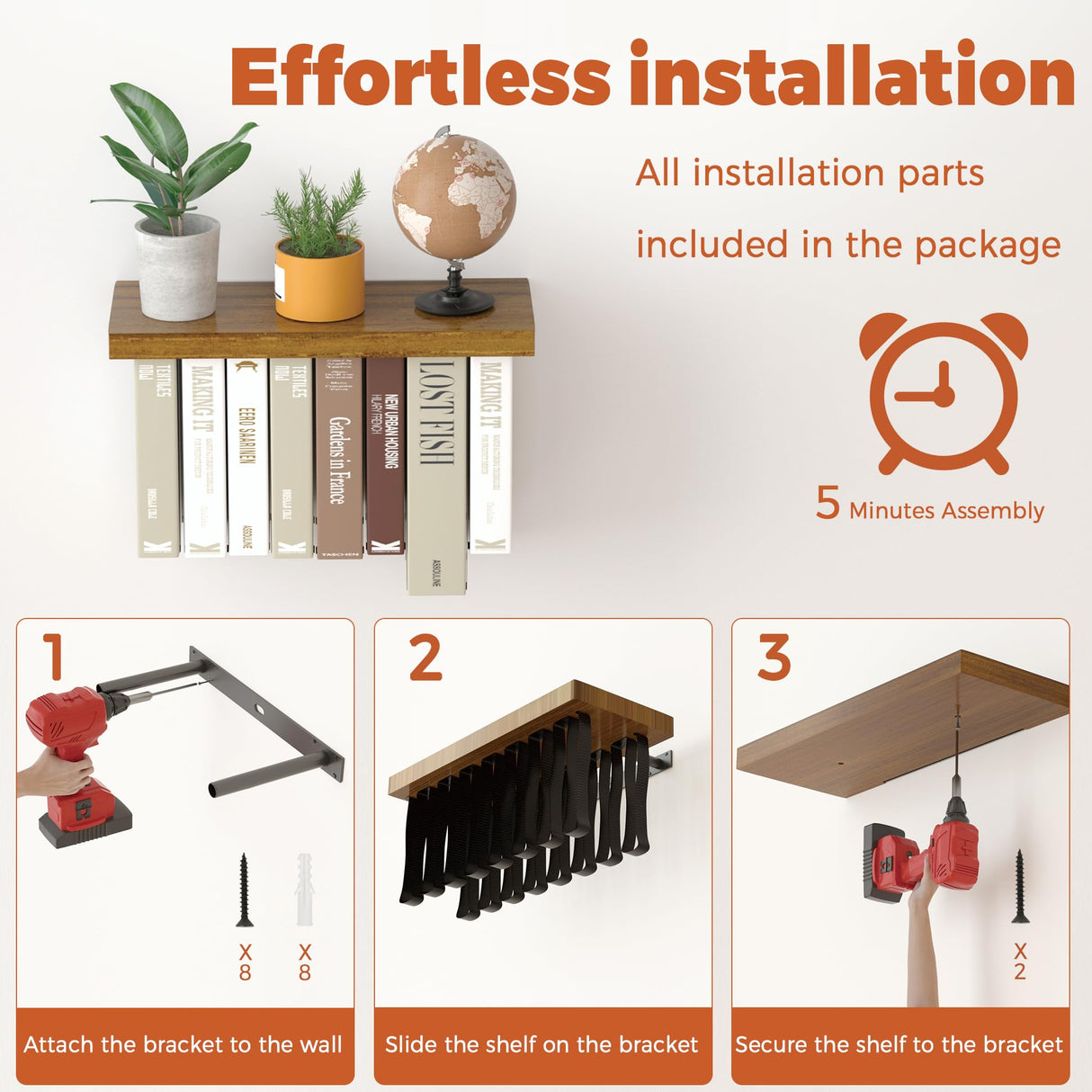 Tohiasen Floating Book Shelves for Wall Mounted Set of 2, Wood Hanging Bookshelf, Book Display Shelf for Wall, Unique Space Saving Book Shelf Wall Book Holder (Brown) Tohiasen