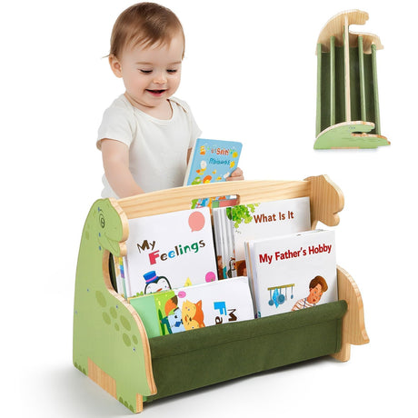 SheSeek Toddler Bookshelf Double-Sided with 4 Tier Deep Sleeves Kids Wooden Montessori Book Rack for Baby Nursery Room, Playroom, Classroom or Bedroom Bookcase Storage Organizer, Green Dinosaur SheSeek