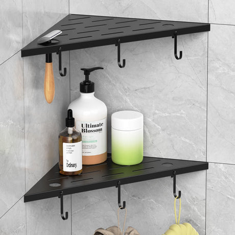 SZWQILIN Corner Shower Shelves, 10" Matte Black 304 Stainless Steel Recessed Shelf for Bathroom，Grout in Shelf with Hooks for Tiled Wall 2 Pack (Black) SZWQILIN