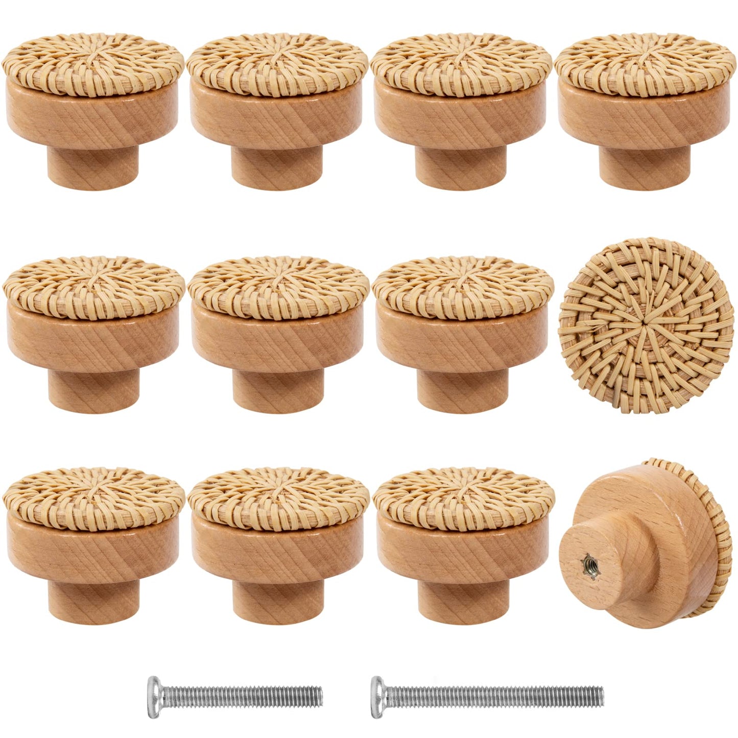 ANPHSIN 12 Pack Boho Rattan Dresser Knobs- Durable Beech Wood Drawer Knobs Handmade Wicker Woven Pulls with 24 Screws for Cabinets, Furniture - WoodArtSupply