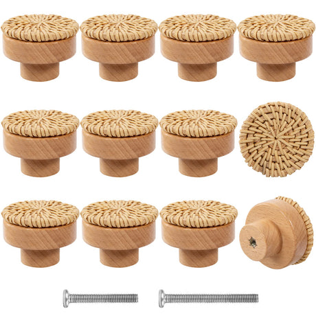 ANPHSIN 12 Pack Boho Rattan Dresser Knobs- Durable Beech Wood Drawer Knobs Handmade Wicker Woven Pulls with 24 Screws for Cabinets, Furniture ANPHSIN