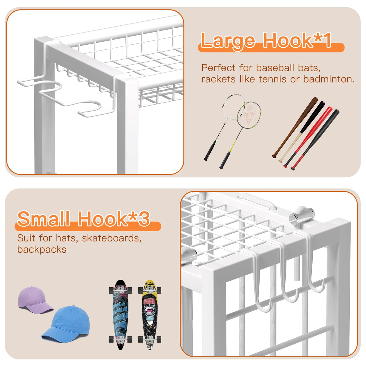 FAMIDGE Sports Equipment Organizer, Ball Storage Rack with Elastic Straps, Garage Sports Organizer Storage Cart with Hooks, Basketball Rack for for golf, Football, Soccer Ball, Bat, White FAMIDGE