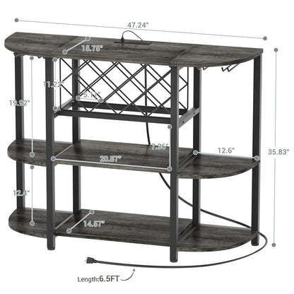 Unikito 4-Tier Metal Coffee Bar Cabinet with Outlet and LED Light, Freestanding Floor Bar Table for Liquor with Glass Holder and Wine Rack Storage, Wine Bakers Rack for Kitchen Dining Room, Gray Oak