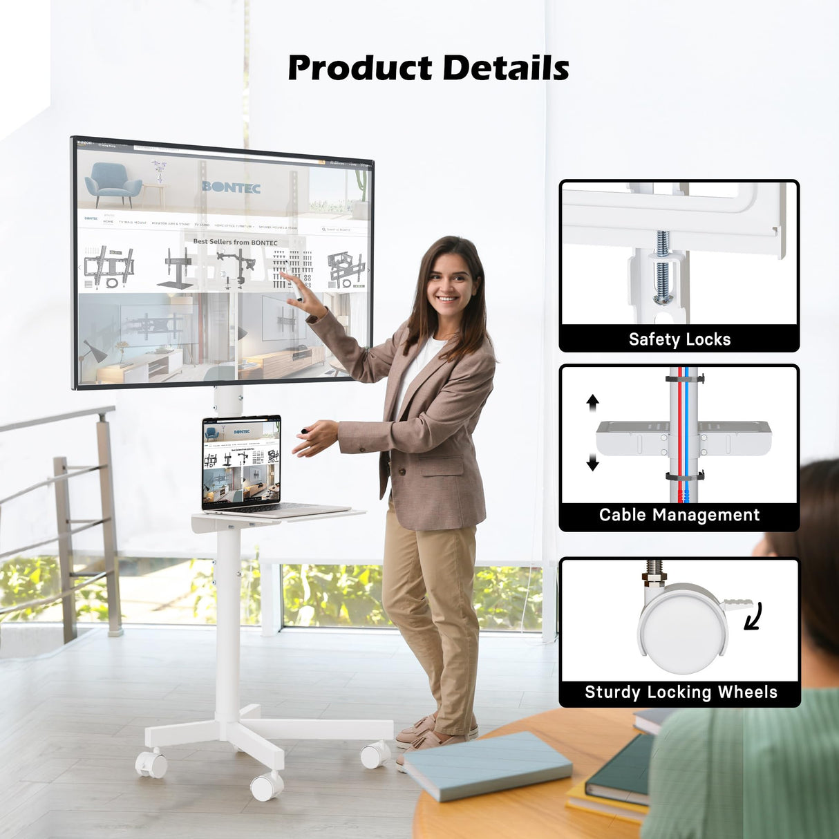 BONTEC Mobile TV Stand, Tilt Rolling TV Cart with Media Shelf and Locking Wheels, Fits 23-60” LED, LCD, OLED Flat Curved TVs, Holds Up to 88lbs, Max VESA 400x400mm, White BONTEC