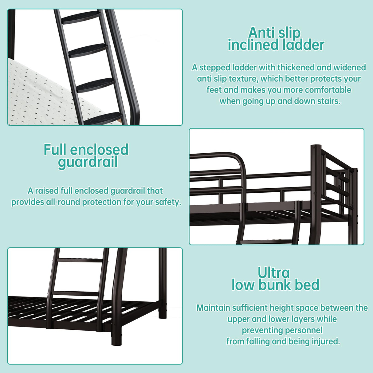 Metal Twin Over Full Bunk Bed，Bunk Beds Twin Over Full Size with Removable Wide Ladder and Full-Length Guardrail，Low Full BunkBeds Frame Heavy Duty steel Slat Support For Adults Kids and Young Teens erosoei