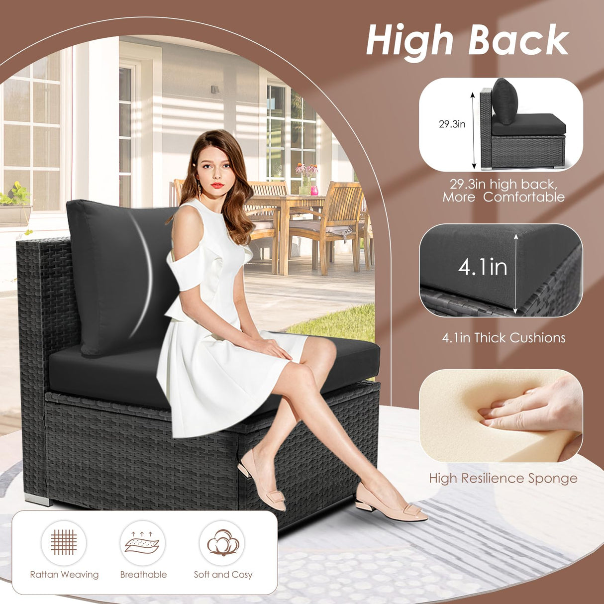 RADIATA PE Wicker Patio Furniture Set Sectional High Back Large Size Sofa Sets with Propane Fire Pit Table 55000 BTU Balcony Rattan Lounge Conversation Sets for Outdoor (11 Pieces,Dark Gray) RADIATA