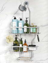YASONIC Shower Caddy Hanging - Never Rust Shower Organizer - Aluminum Over The Head Caddy with 10 Hooks for Razor/Sponge - Rack with Soap Basket - Silver YASONIC