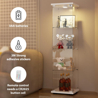 FANYUSHOW Glass Display Cabinet with LED Light, Quick-Install Style 4-Shelf Curio Cabinet 5mm Tempered Glass Bookshelf for Living Room, Bedroom, 65" H x 17''L x 14''W (White)