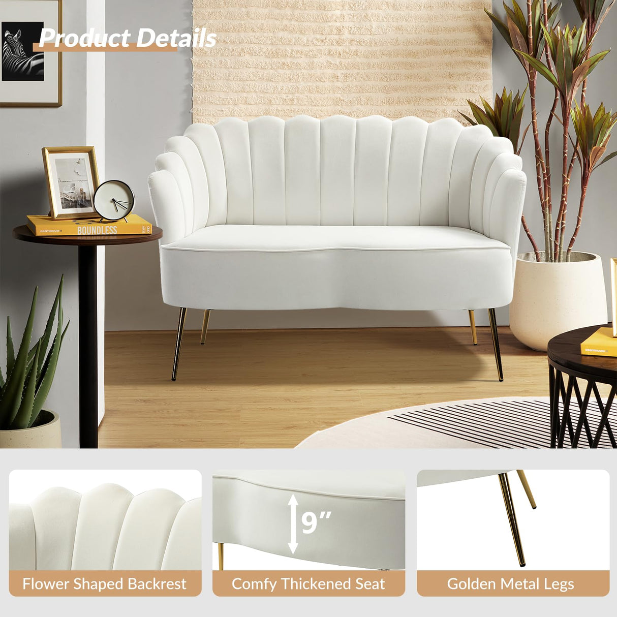 HULALA HOME Modern Velvet Loveseat Sofa with Flower Shaped Back, Comfy Upholstered 2-Seater Sofa with Gold Metal Legs, Small Love Seat Accent Couch for Living Bedroom Leisure Areas, Ivory HULALA HOME