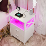 HDDDZSW LED Nightstand with Charging Station, Side Table with USB Ports and Outlets, End Table for Small Spaces, White Bedside Tables with Fabric-Wood 2-in-1 Drawer for Bedroom, Living Room, Office HDDDZSW