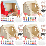 DoubleFill 4 Set DIY Wooden Barn Craft Kits for Kids Party Favors Farm Animals House Toys Large Wooden Barn with Animal Play Figures Horses Stablemates Paint Easter Birthday Gifts for Toddler DoubleFill
