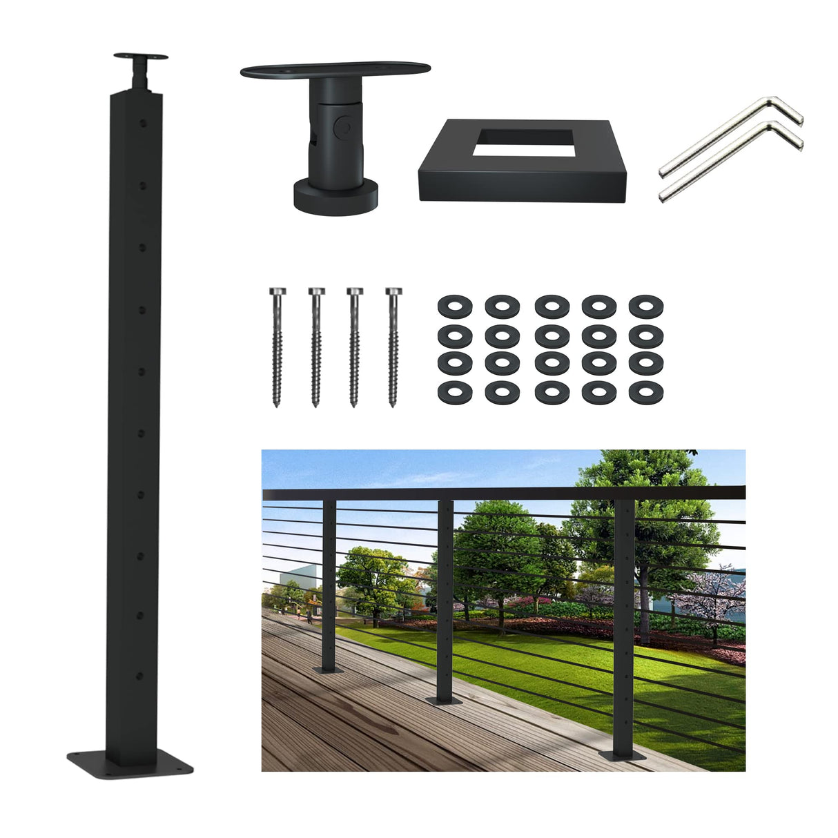 LANGLIER 1 PC Cable Railing Post 36"x2"x2"（Square Column 33"） Stainless Steel Black Finish, for Stairs and Deck handrails，can be Installed on Wood or Concrete Floor. (Corner Post, Black) LANGLIER
