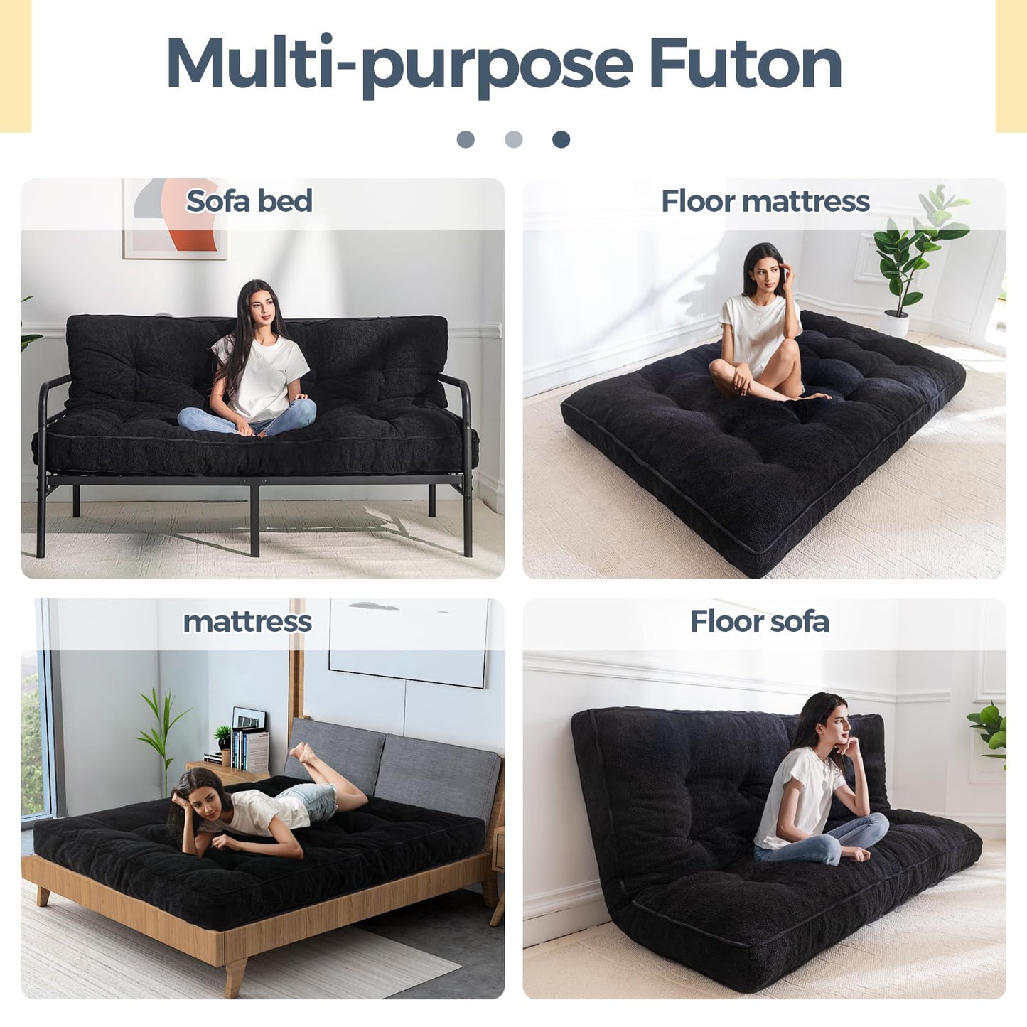 MAXYOYO 6" Futon Mattress Full Size, Thick Boucle Futons Sofa Couch Bed Sleeper Sofa Bed Floor Mattress for Adults, Shredded Foam Filling (Frame Not Included), Black