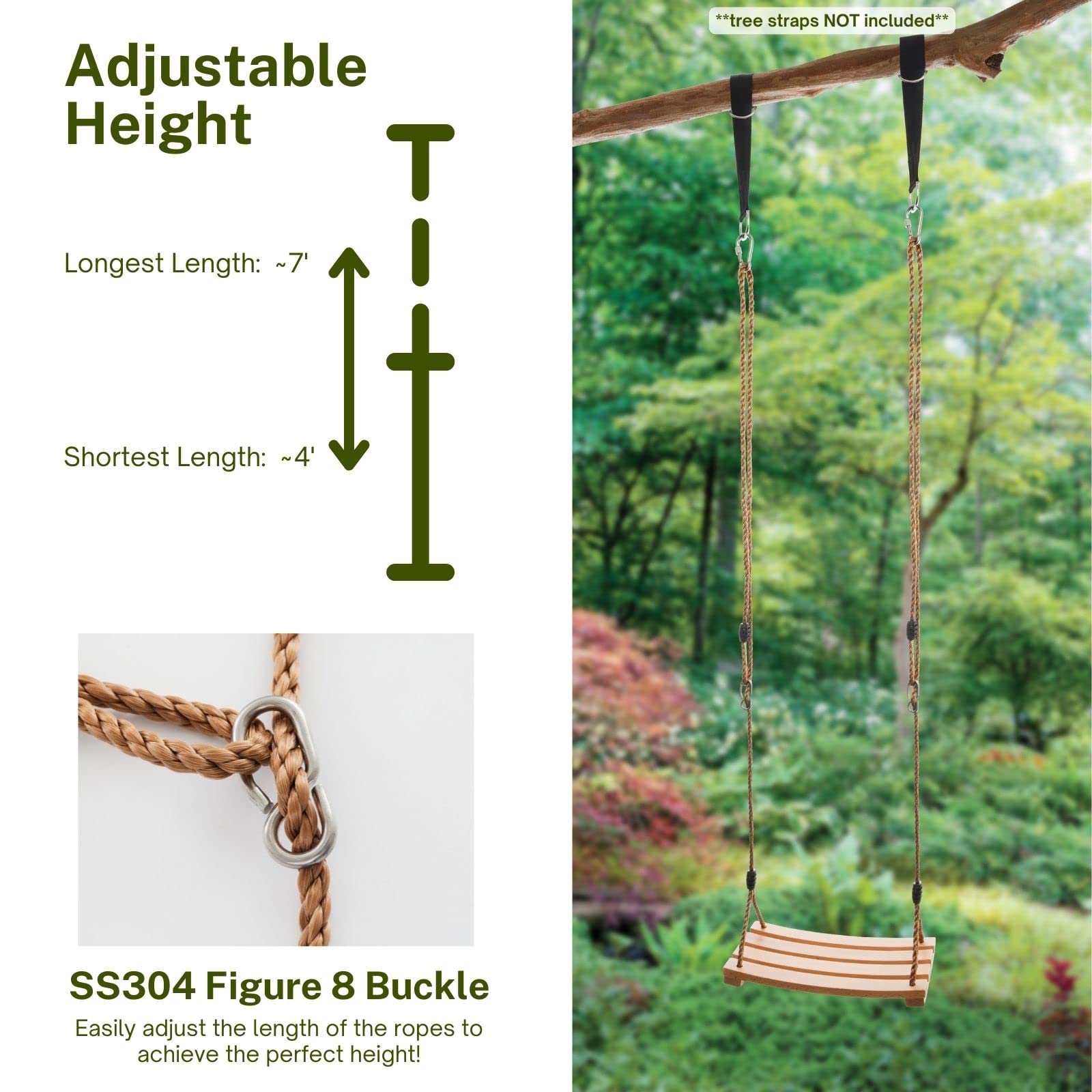 Wooden Tree Swing for Kids - ASTM F1148-21 Certified - Double Coated 16.5”x7.8” Wood Swing Seat for Outside - Weatherproof Adjustable Polyester Ropes - Outdoor or Indoor Kids Tree Swing Set - - WoodArtSupply