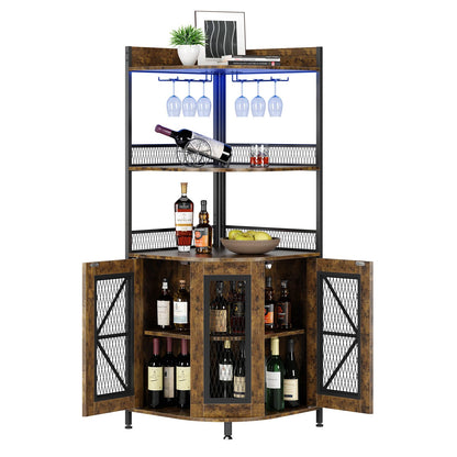 Corner Bar Cabinet with Charge Oult, 5-Tiers Wine Cabinet with LED Light and Glass Holder, Tall Home Liquor Cabinet for Living Room, Corner Display Cabinet for Home