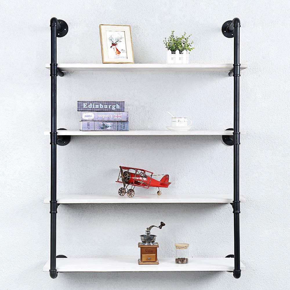 Industrial Pipe Shelving Wall Mounted,36in Rustic Metal Floating Shelves,Steampunk Real Wood Book Shelves,Wall Shelf Unit Bookshelf Hanging Wall Shelves,Farmhouse Kitchen Bar Shelving(4 Tier)