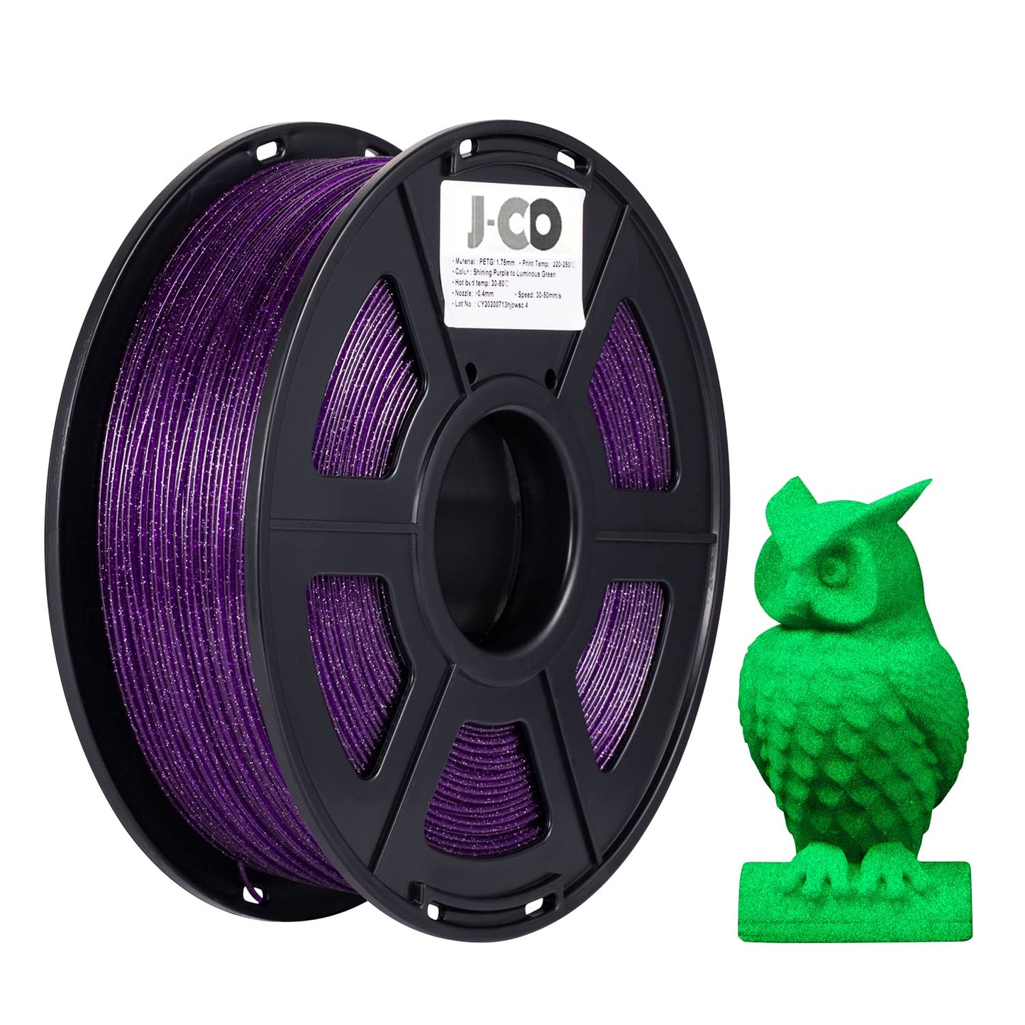 J-CD 3D Printer PETG Filament, Sparkly Glitter Purple, Shining Glow in The Dark Green, 1.75mm, 2.2LBS(1KG)/Spool - WoodArtSupply