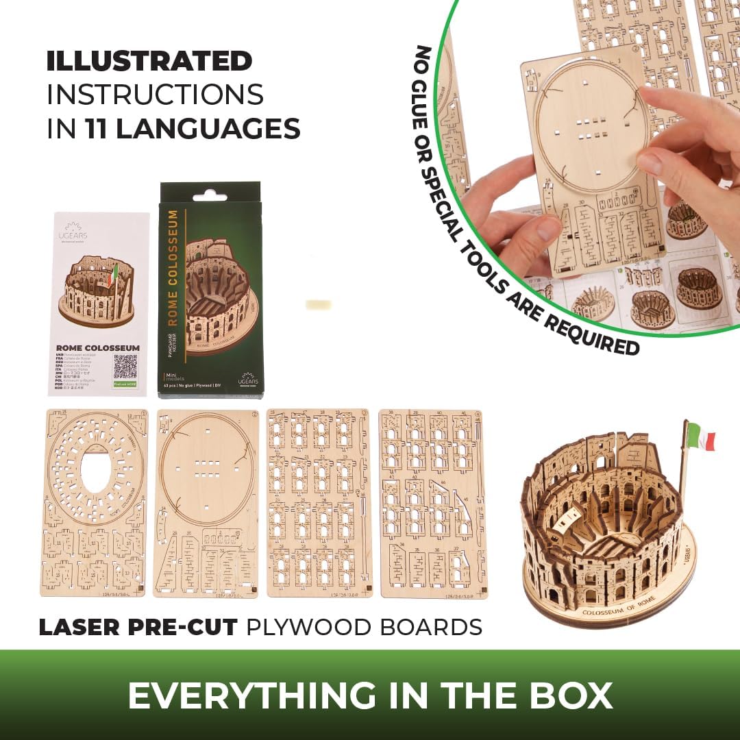 UGEARS Wooden 3D Puzzle Rome Colosseum Model Kit DIY Miniature Craft for Adults Italy Cities Collection 63 Pcs UGEARS