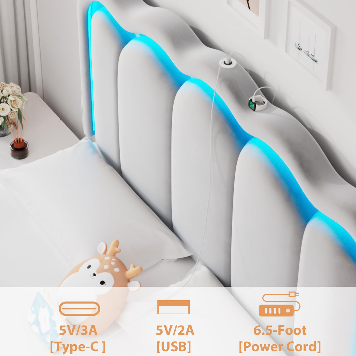 Full Upholstered LED Bed Frame with 2 Storage Drawers and Adjustable Chic Double Wavy Headboard, Velvet Prince Platform Bed with Charing Station, Solid Wood Slats Support,No Box Spring Needed,Grey Jocoevol