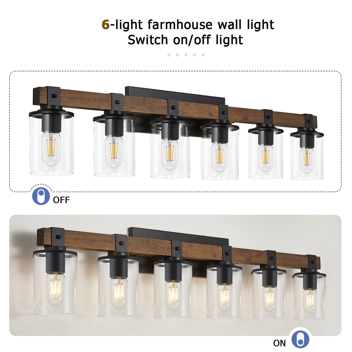 DUJAHMLAND 6-Light Wood Vanity Light,40.5 inch Farmhouse Bathroom Metal Wall Sconce with Cylinder Clear Glass Shade,Industrial Wall Light Fixtures for Hallway,Kitchen,Bedroom(Wood, 6-Light) DUJAHMLAND