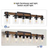 DUJAHMLAND 6-Light Wood Vanity Light,40.5 inch Farmhouse Bathroom Metal Wall Sconce with Cylinder Clear Glass Shade,Industrial Wall Light Fixtures for Hallway,Kitchen,Bedroom(Wood, 6-Light) DUJAHMLAND