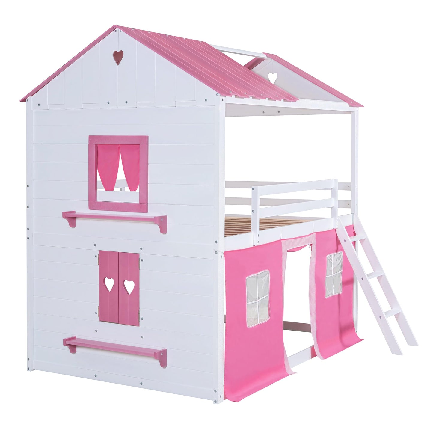 Harper & Bright Designs House Twin Loft Bunk Bed with Tent, Kids Loft Bed with Ladders,Guardrail, Windows and Roof, Wood Twin Over Twin Playhouse Bunk Bed for Kids Teens Boys & Girls (Pink & White)