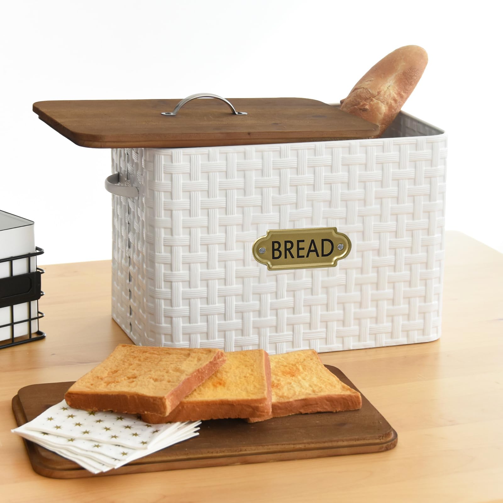 EMAX HOME Extra Large Space Saving Farmhouse Bread Box With Wood Lid - Vertical Breadbox Bread Storage Bin Holder for Kitchen Countertop, White - WoodArtSupply