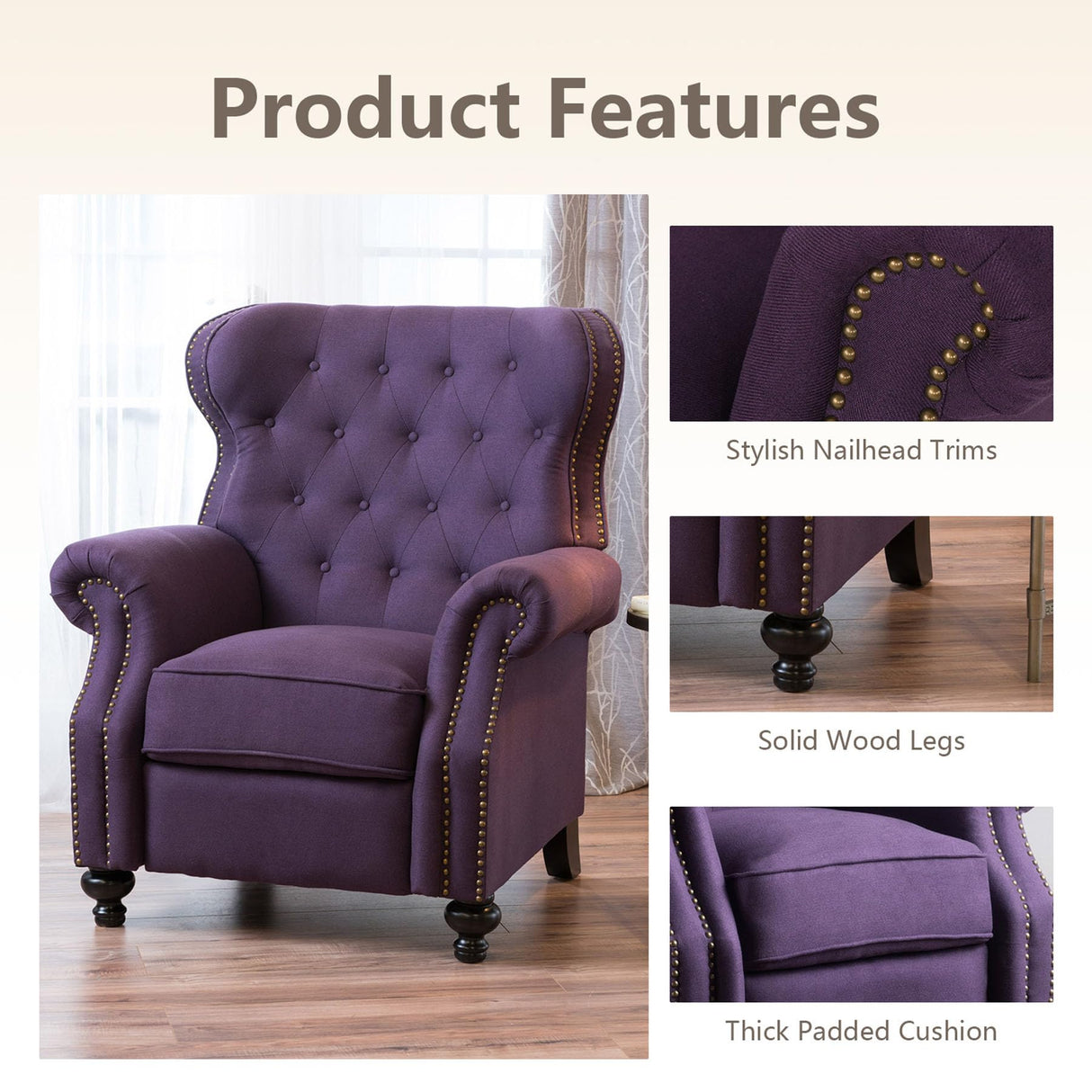 Pushback Recliner Chair, Fabric Armchair Push Back Recliner with Rivet Decoration, Mid Century Wingback Accent Chair for Living Room, Bedroom, Stable Hump Feet (Purple) anwickjeff