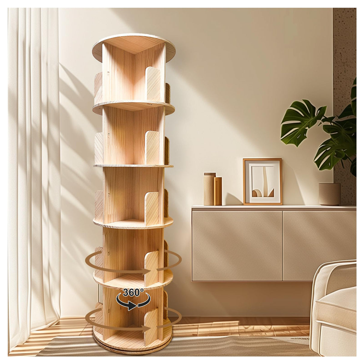 HZYHPDJY Rotating Bookshelf,360 Display Round 5 Tier Floor Standing Bookcase Storage Rack,Wood Spinning Bookshelf Tower for Bedroom,Living Room HZYHPDJY