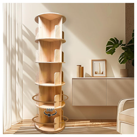 HZYHPDJY Rotating Bookshelf,360 Display Round 5 Tier Floor Standing Bookcase Storage Rack,Wood Spinning Bookshelf Tower for Bedroom,Living Room HZYHPDJY
