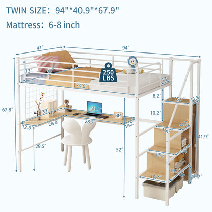 Twin Loft Bed with Desk and Storage Shelf, Metal Kids Loft Bed with Stairs, Wardrobe and Metal Grid, Twin Size Loft Bed for Kids, Girls, Boys, No Box Spring Needed, White Loft Bed Twin Size