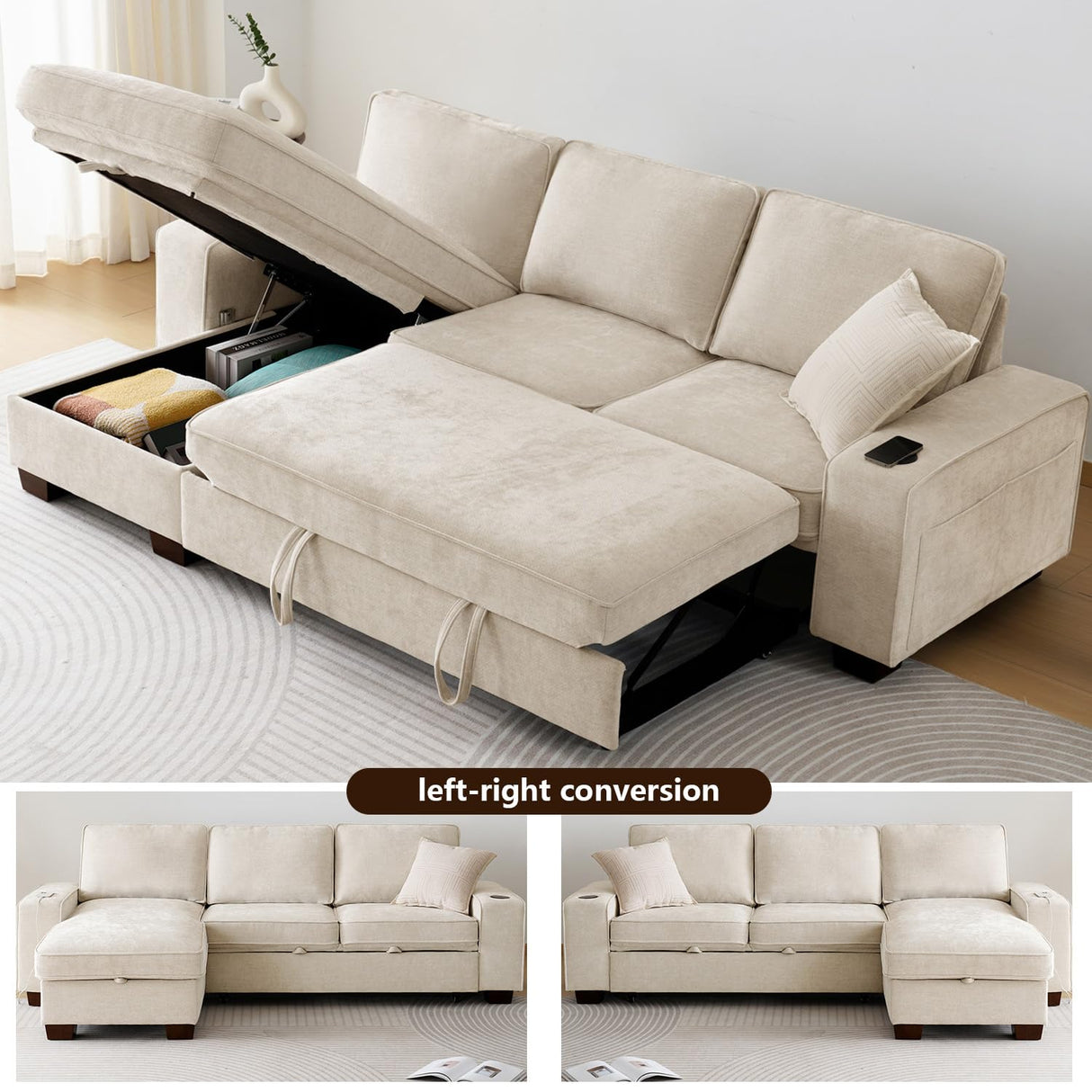 ASHOMELI 99" Convertible Sleeper Sofa Bed,L Shaped with Storage Chaise Pull Out Couch for Living Room,USB and Type-C,Removable Washable Chenille Covers (Beige) ASHOMELI