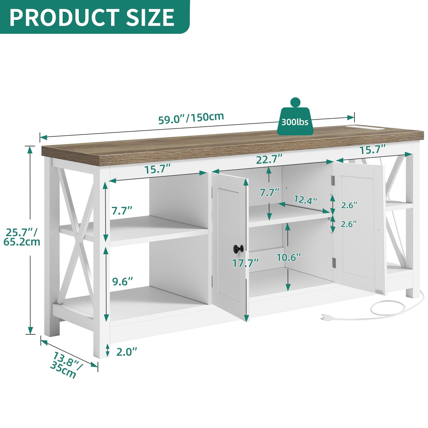 YITAHOME TV Stand for Living Room, Farmhouse Entertainment Center with Power Outlet for TVs up to 65 60 55 Inch, Rustic Media Console TV Cabinet with Open Shelves and Adjustable Shelf, White