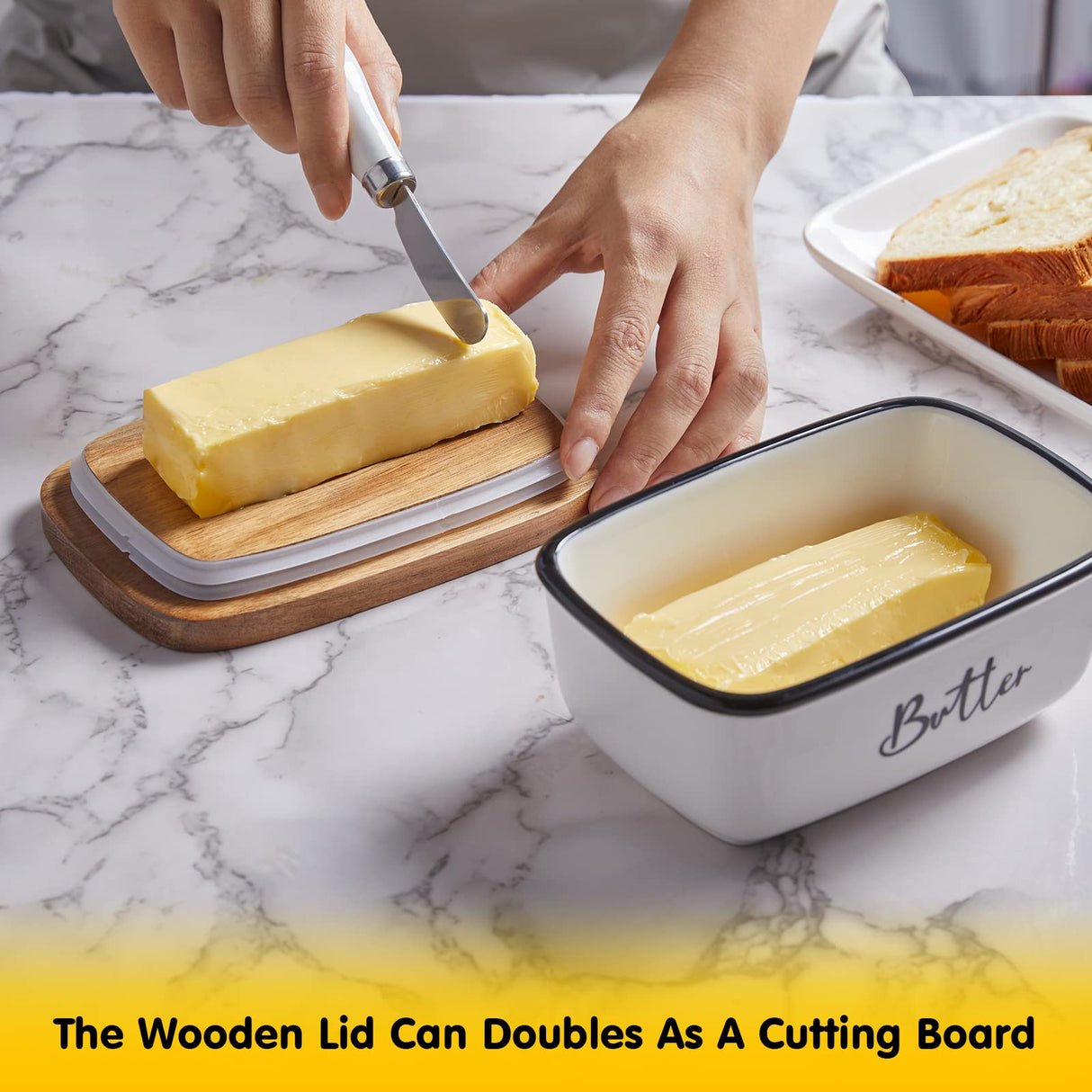 Butter Dish with Lid and Knife for Countertop, Airtight Butter Keeper for Counter or Fridge, Ceramic Butter Container with Thick Acacia Wood Lid, for Farmhouse Kitchen Decor and Accessories, White ALELION