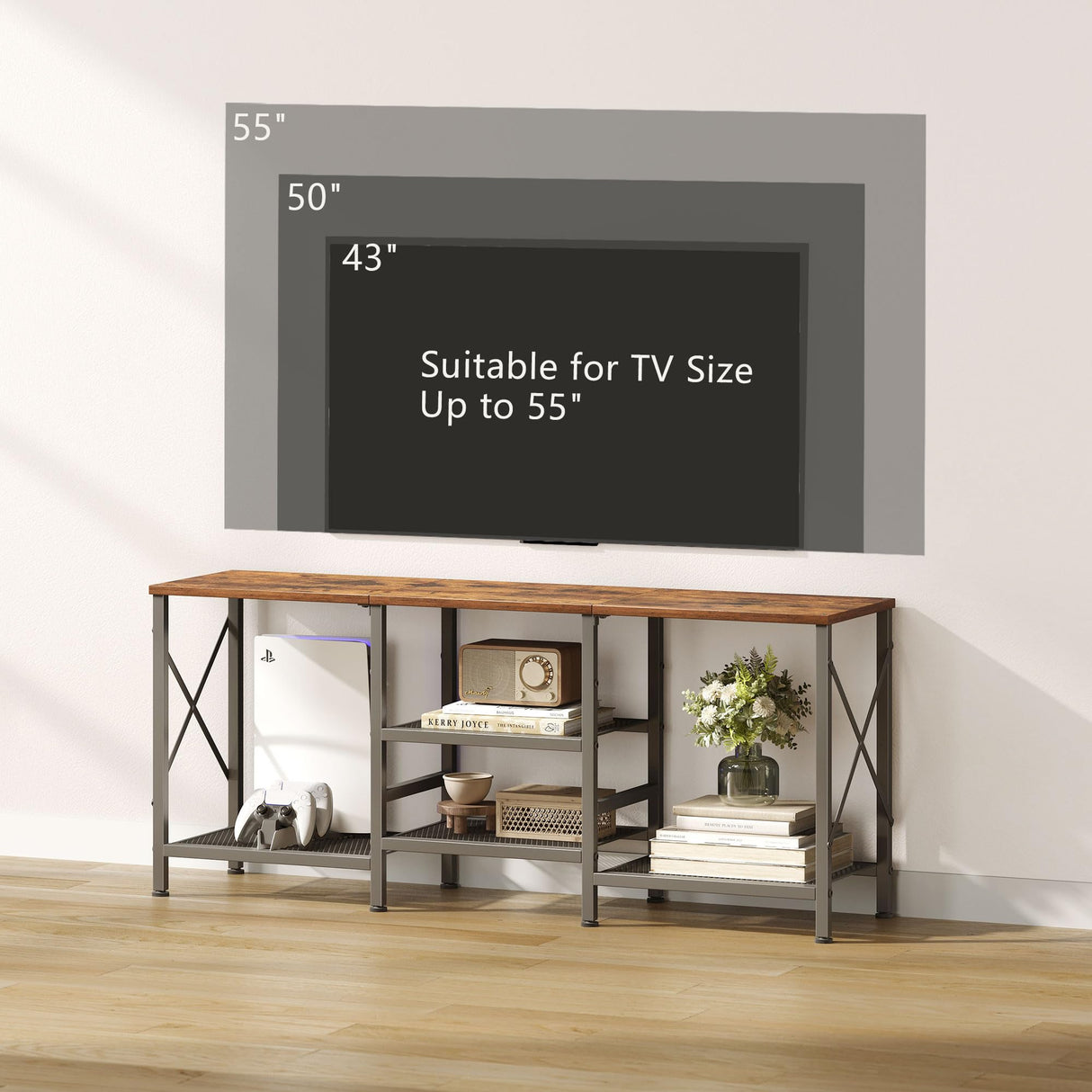 JARHETUN TV Stand for 55 Inch TV, Entertainment Center with 3-Tier Open Shelves, TV Console Table for Living Room, Bedroom, Rustic Brown JARHETUN