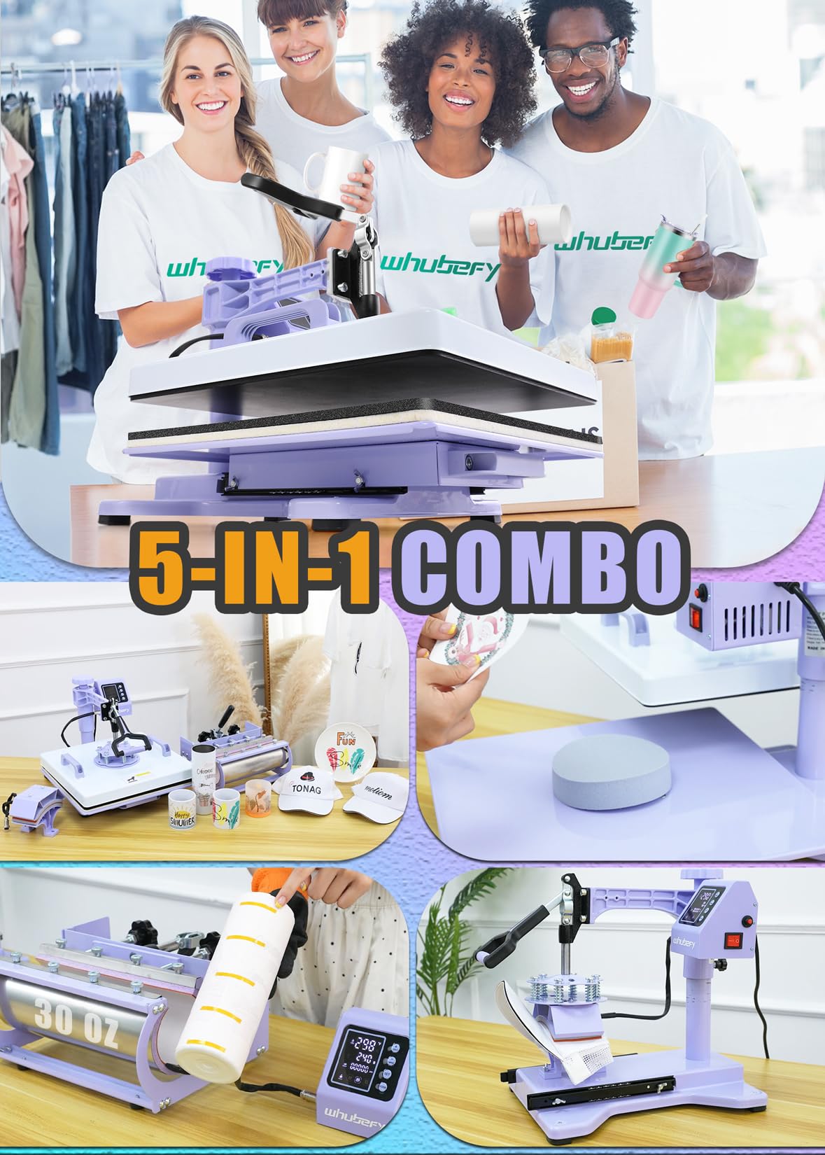 Whubefy Heat Press Machine for T Shirts 15x15 with 30OZ Tumbler Press 5 in 1 Slide Out & Swing Away Digital Heat Transfer with 3 Pre-Set Modes & Counting Function for Bulk Press Hat Cap Mug Plate Whubefy