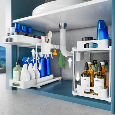 VERIFOST 2 Pack Under Sink Organizers and Storage, Double Sliding Kitchen Cabinet Organizer, 2 Tier Height Adjustable Countertop Organizer for Kitchen Bathroom Laundry, White