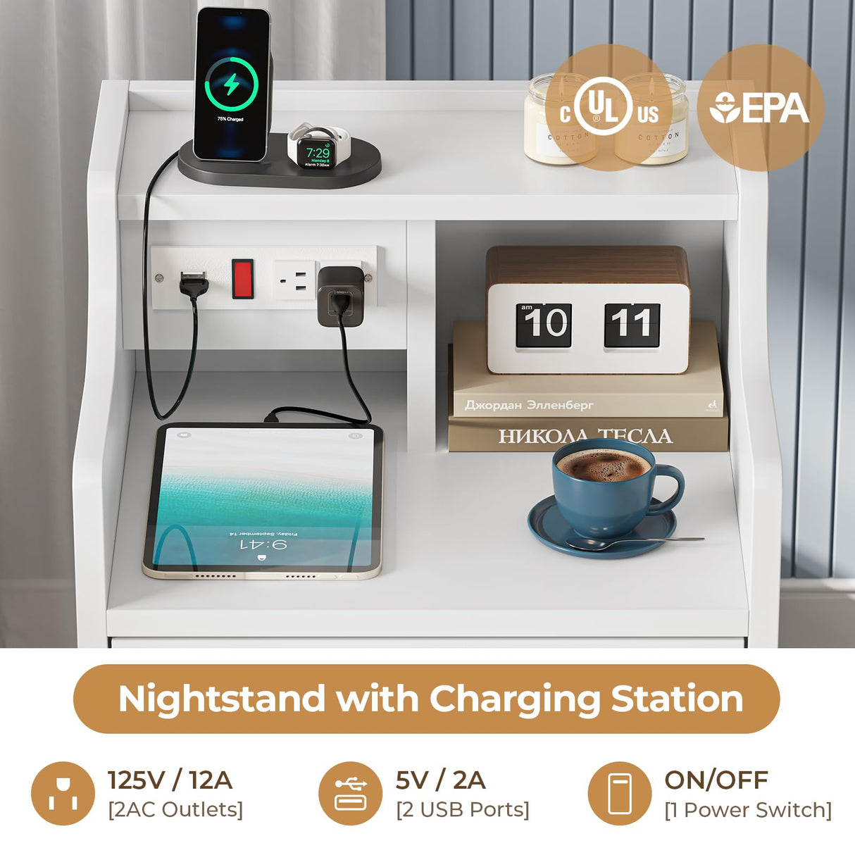 ADORNEVE Nightstand with Charging Station,White Night Stand with Hutch,Bedside Table with Drawers,Bed Side Table with Storage ADORNEVE