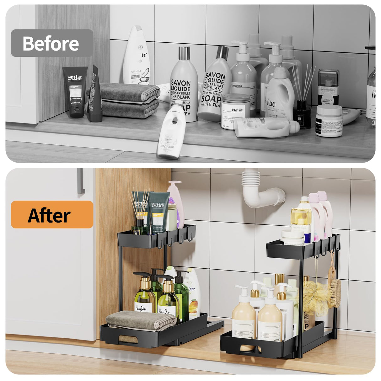 Delamu 2 Pack Under Sink Organizers and Storage, 2 Tier Pull Out Bathroom Cabinet Organizer, L-Shape Black Under Bathroom Kitchen Sink Organizer with Drawer for Under Sink Storage Organizer Delamu