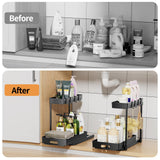 Delamu 2 Pack Under Sink Organizers and Storage, 2 Tier Pull Out Bathroom Cabinet Organizer, L-Shape Black Under Bathroom Kitchen Sink Organizer with Drawer for Under Sink Storage Organizer Delamu