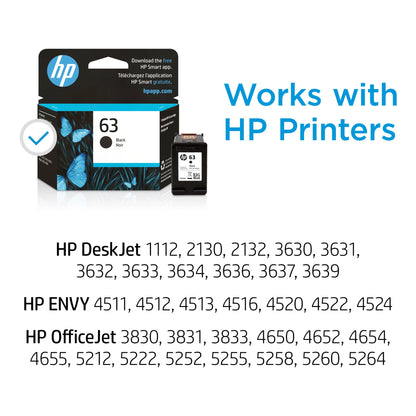 HP 63 Black Ink Cartridge | Works with HP DeskJet 1112, 2130, 3630 Series; HP ENVY 4510, 4520 Series; HP OfficeJet 3830, 4650, 5200 Series | Eligible for Instant Ink | F6U62AN