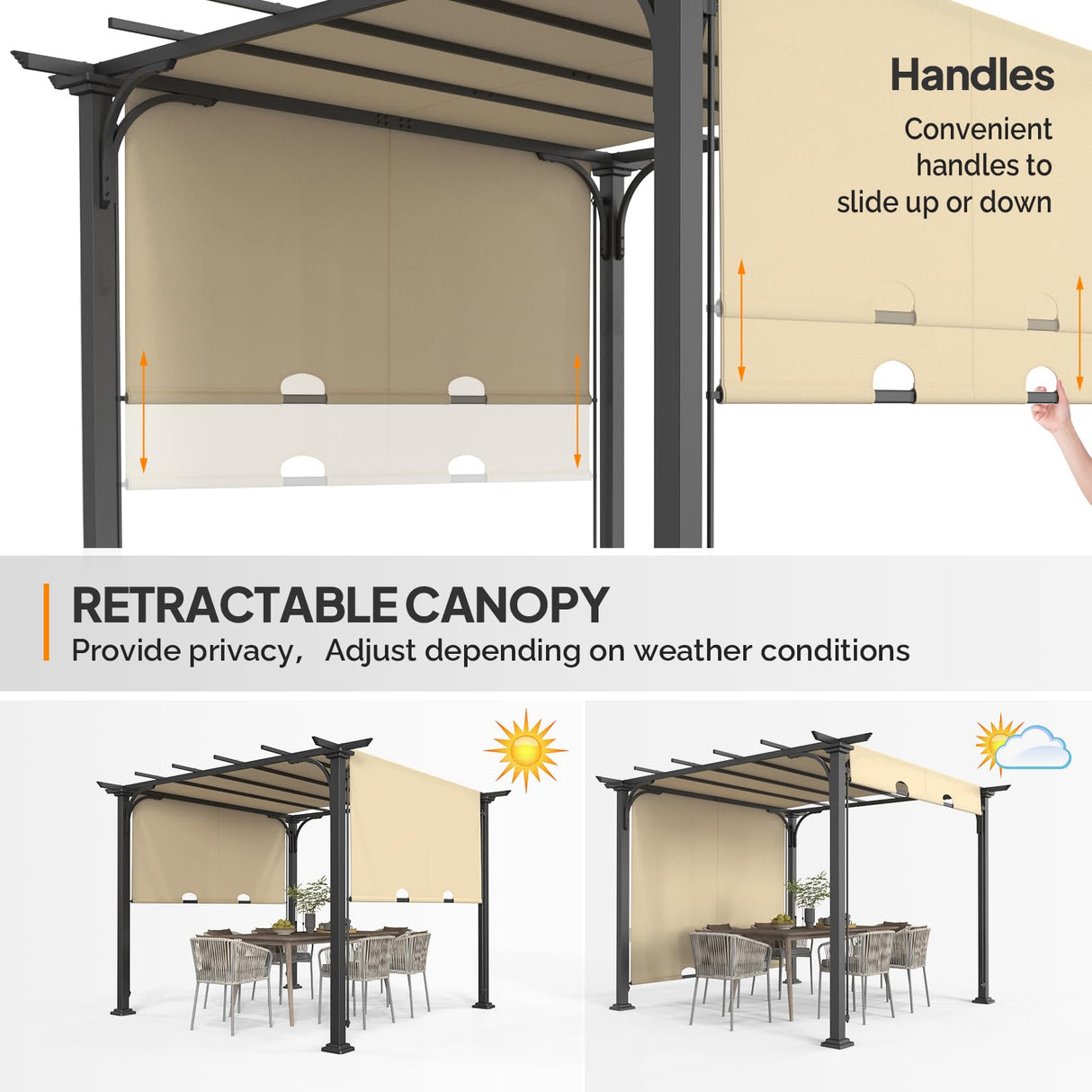 VINGLI 10’x 10' Outdoor Pergola Aluminum Retractable Pergola Canopy with Adjustable Roof, Patio Pergola for Deck, Porch, Garden, Yardn (Beige) VINGLI