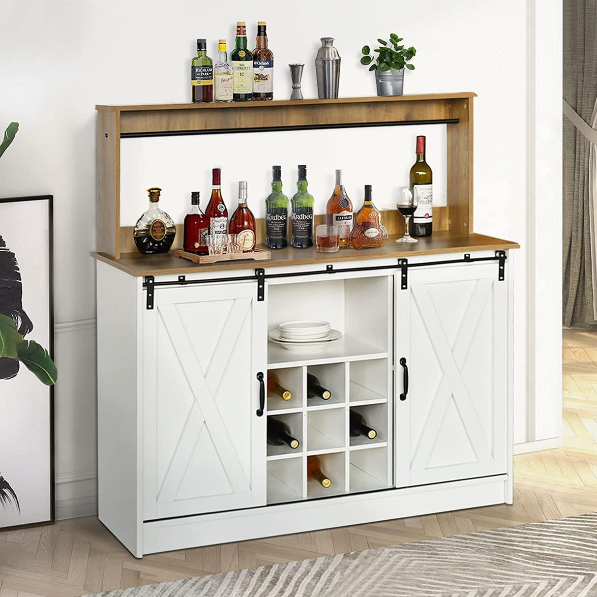 4 EVER WINNER Farmhouse Coffee Bar Cabinet with Hutch, 47” Sideboard Buffet Cabinet w/Sliding Barn Doors, 6 Hooks, Liquor Cabinet with Floating Shelf Wine Racks for Living Dining Room, White 4 EVER WINNER