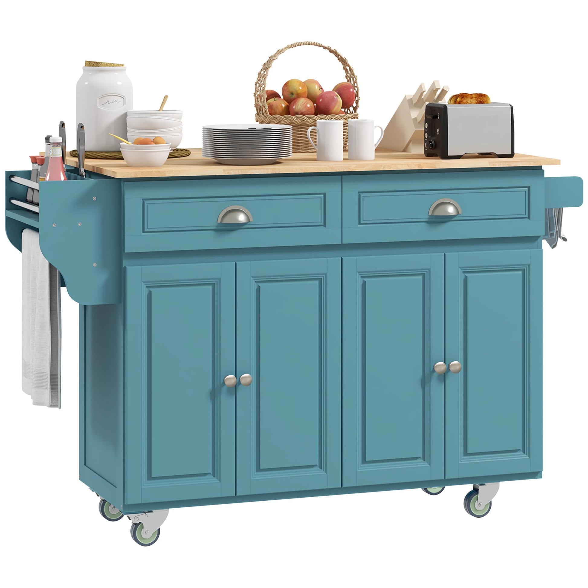 HOMCOM Rolling Kitchen Island Drop Leaf, Kitchen Cart on Wheels, Solid Wood Top Breakfast Nook with Storage Drawers, 4-Door Cabinets and Spice Rack, Light Blue - WoodArtSupply