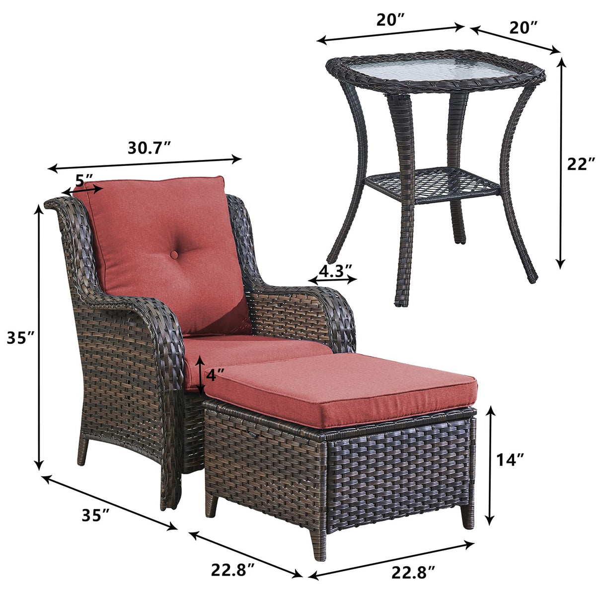 Outdoor Patio Furniture Chairs Set - 5 Piece Wicker Rattan Patio Sectional Conversation Sets with 2 Armrest Chairs,2 Ottomans and 1 Side Table for Porch Deck Balcony Backyard Garden(Brown/Red) Rilyson