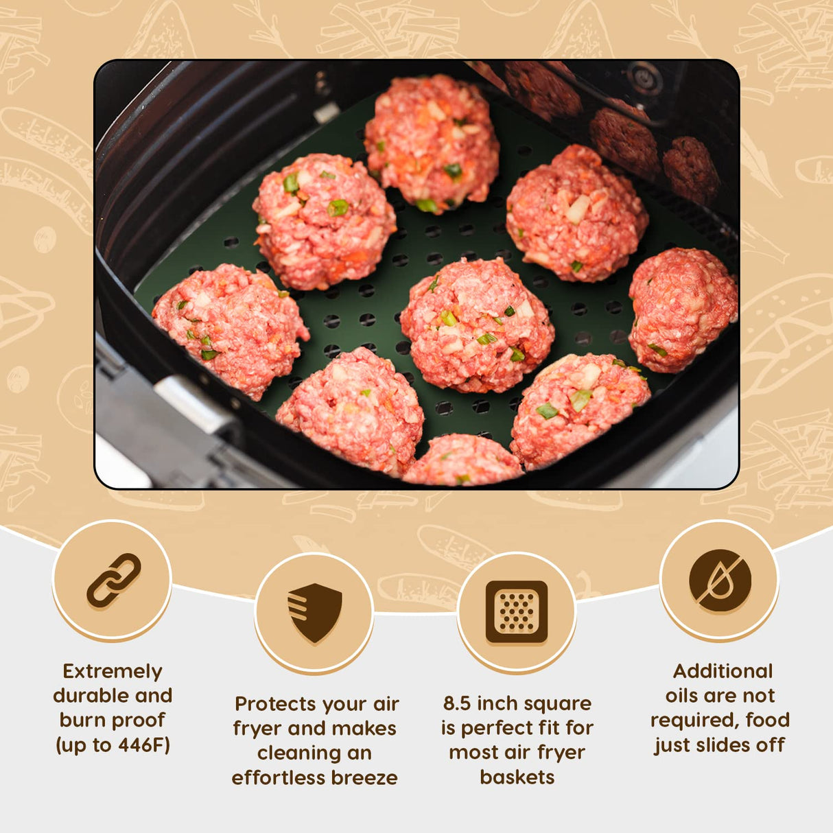 Reusable Silicone Air Fryer Liners 8.5 Inch by Linda’s Essentials (3 Pack, Square) - Non Stick Easy Clean Air Fryer Liners Reusable Mats Air Fryer Accessories Includes Cheat Sheet And Recipe Book Linda's Essentials