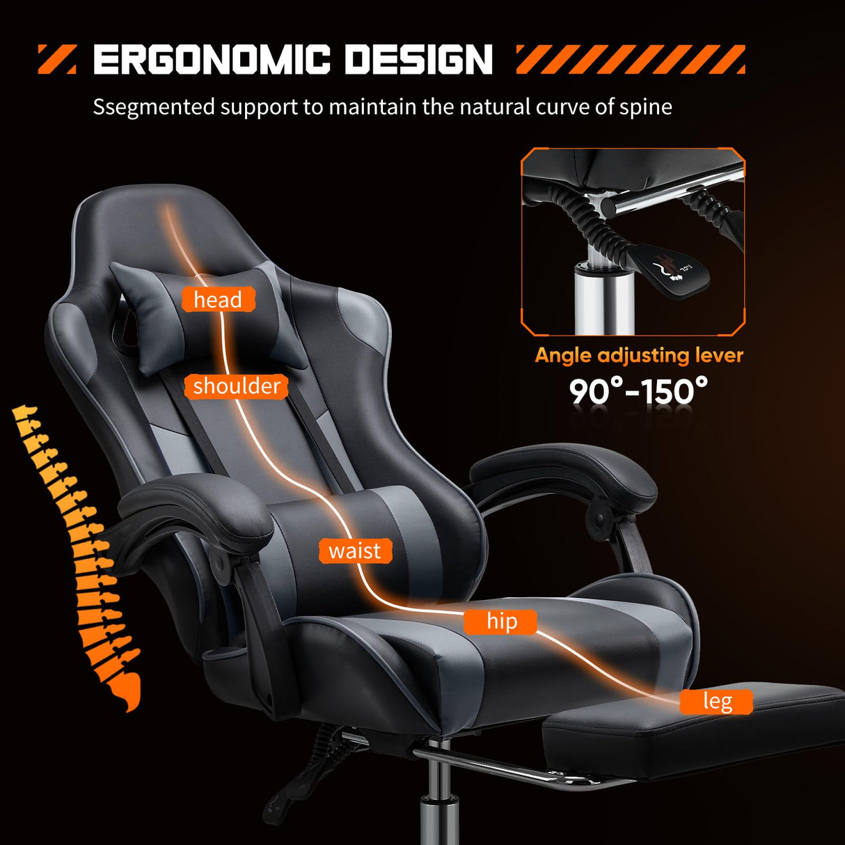 Sweetcrispy Video Game Desk Chair - Ergonomic Computer with Footrest and Comfy Lumbar Support, PU Leather Recliner with Headrest, Fixed Up Armrest, Height Adjustable with 360° Swivel, for Adults, Grey Sweetcrispy