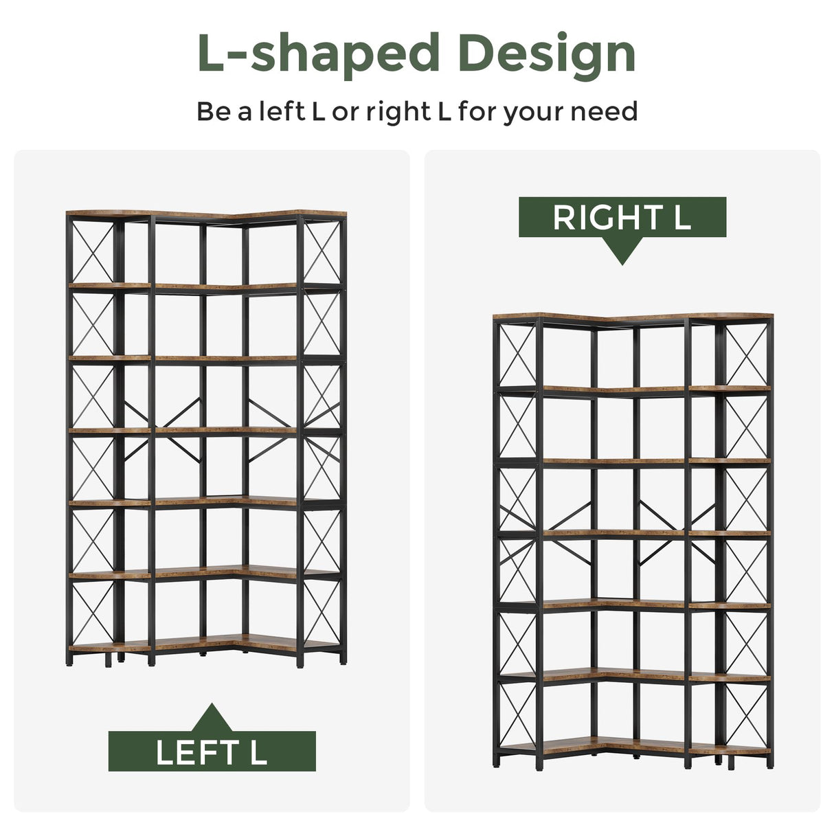 Condemo 7-Shelf Reversible Corner Bookshelf, Modern Industrial Tall Bookcase, 7-Tier Large L-Shaped Storage Shelf Display Rack with Metal Frame for Living Room, Home Office, Bedroom, Rustic Brown Condemo