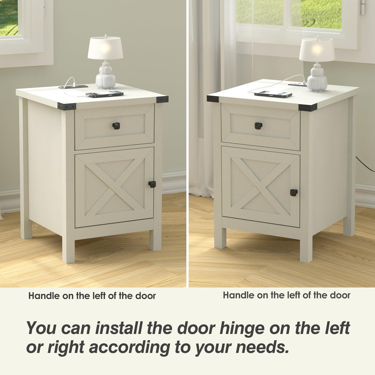 Farmhouse Nightstand with Charging Station, White Side Table, Rustic End Table with Barn Door and Drawer, Rustic Floating Nightstands Modern Bed Side Table Night Stand for Bedroom and Living Room HOSEOKA